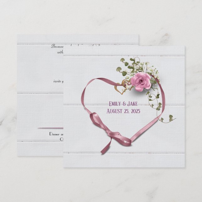 invitación de boda corazón de cinta rosa con anill (Anverso / Reverso)