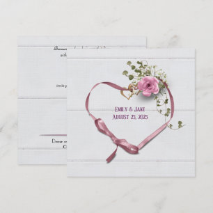 invitación de boda corazón de cinta rosa con anill