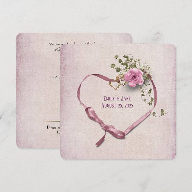 invitación de boda corazón de cinta rosa con anill (Anverso / Reverso)