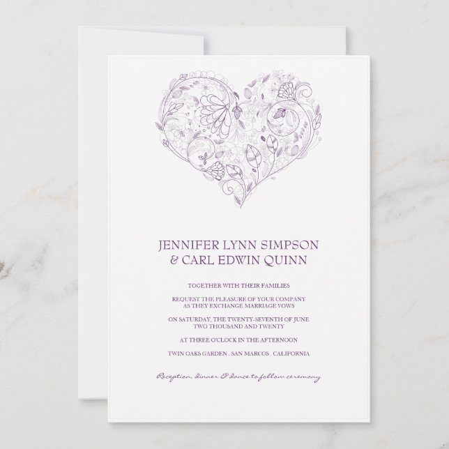 Invitación de boda corazón floral morado (Anverso)