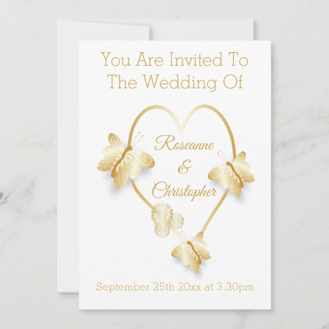 Invitación de boda corazón mariposa dorado (Anverso)