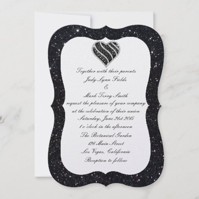 Invitación de boda Corazón negro con brillo negro (Anverso)