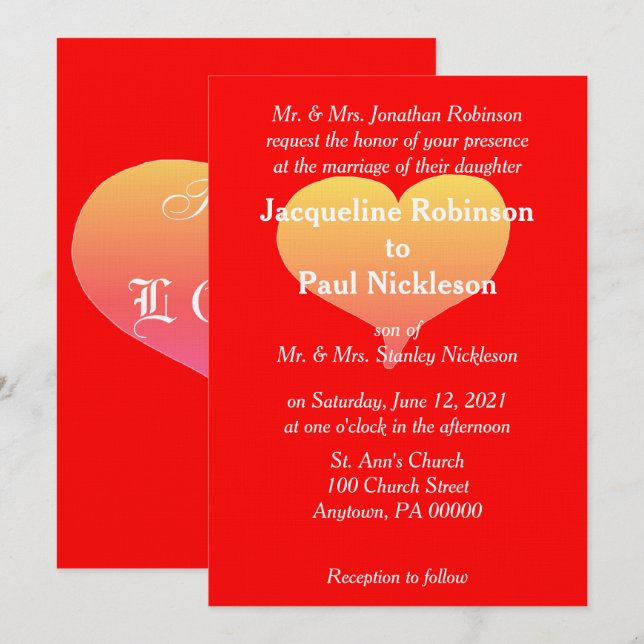 Invitación de boda corazón puesta de sol rojo (Anverso / Reverso)