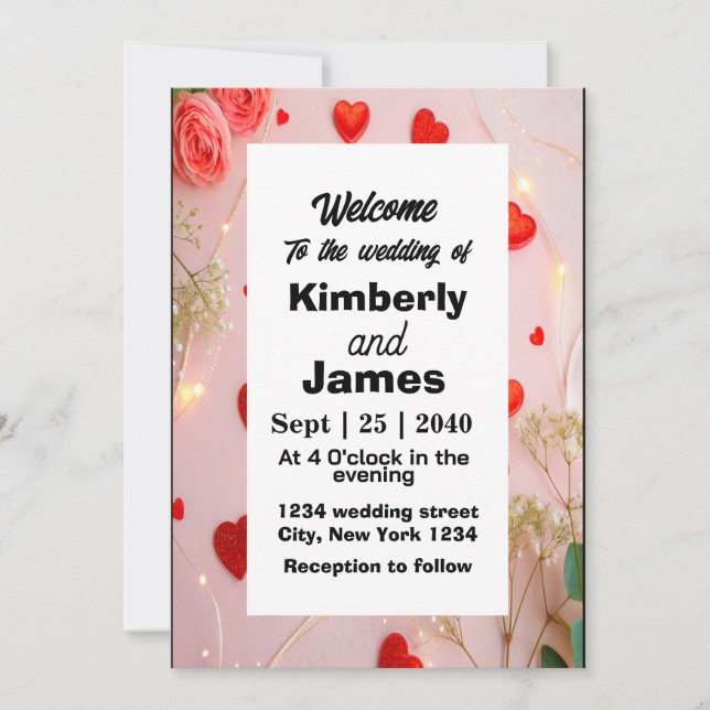 Invitación de boda Corazón Rojo Romántico y Rosa (Anverso)