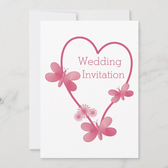 Invitación De Boda Corazón Rosa Y Mariposas (Anverso)