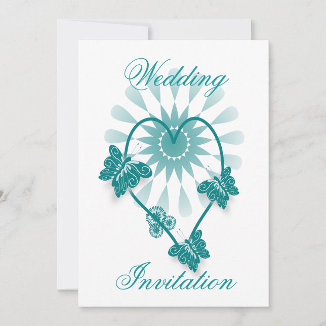 Invitación De Boda Corazón Verde azulado Y Maripos (Anverso)