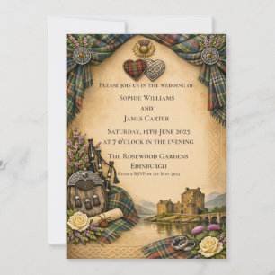 Invitación de Boda Corazones Celtas Tartán Escocés