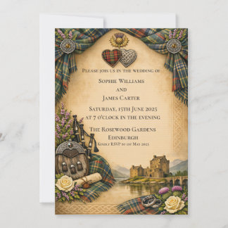 Invitación de Boda Corazones Celtas Tartán Escocés