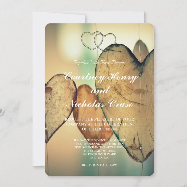 Invitación de boda Corazones con Bokeh Rústico (Anverso)