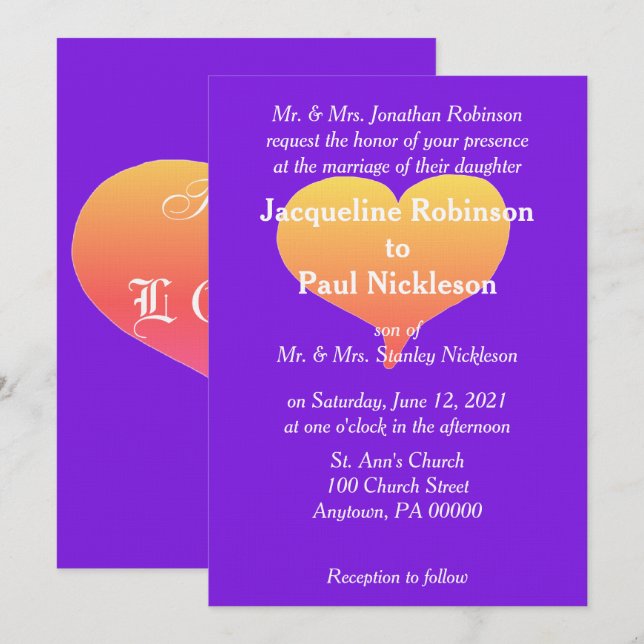 Invitación de boda Corazones de Atardecer Violeta (Anverso / Reverso)