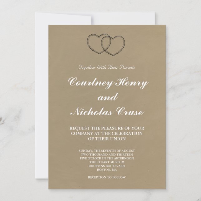 Invitación de boda Corazones de Encaje Rústico (Anverso)