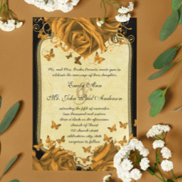 Invitación de Boda Corazones de Oro Rosas y Maripo