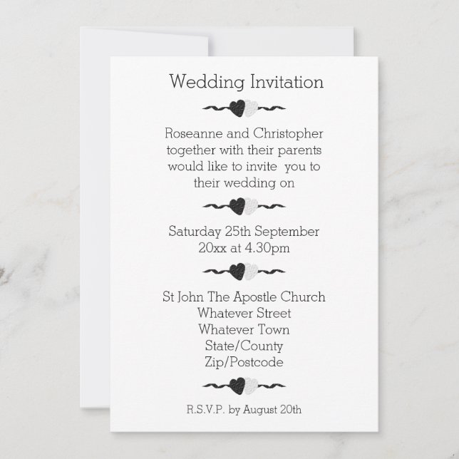 Invitación de boda Corazones en Blanco y Negro (Anverso)