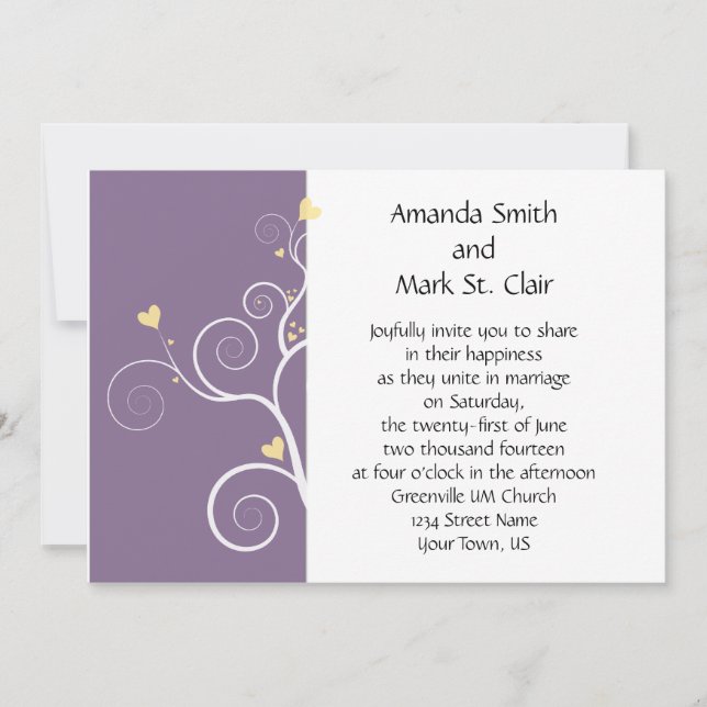 Invitación de boda corazones modernos morado y ama (Anverso)