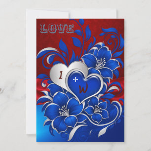 Invitación de boda Corazones Pergaminos Azul Rojo