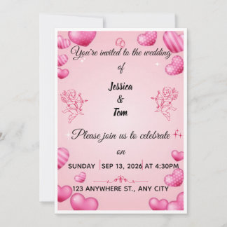Invitación de boda Corazones rosados y Cupidos