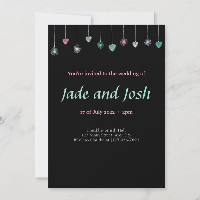 Invitación de boda Corazones y Luces Brillantes (Anverso)