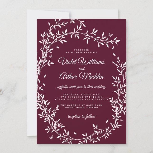 Invitación de boda Corona Botánica Borgoña (Anverso)