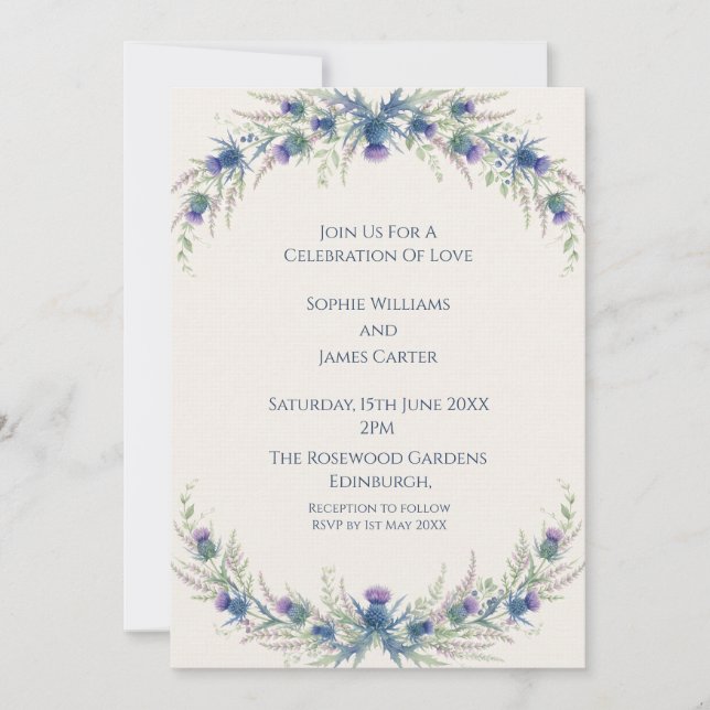 Invitación de Boda Corona de Cardo Azul (Anverso)