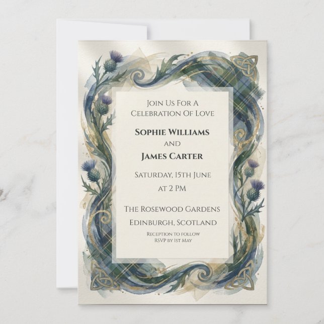 Invitación de boda Corona de Cardo Celta Azul (Anverso)