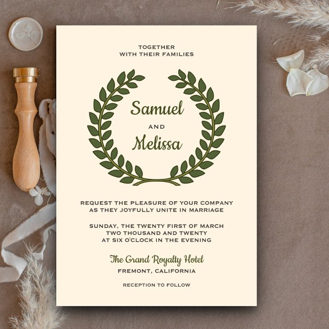 Invitación de boda Corona de hojas de laurel elega (Subido por el creador)