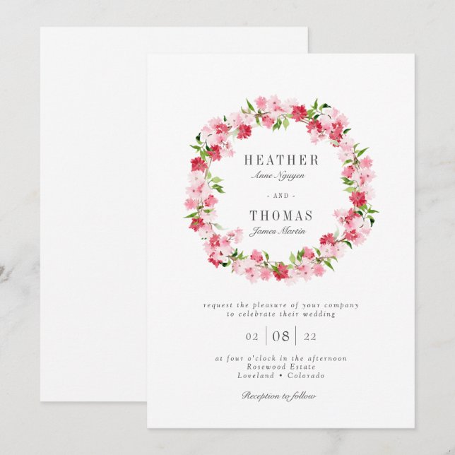 Invitación de boda Corona de Rosas Rosadas Rojo Ac (Anverso / Reverso)