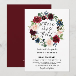 Invitación de boda Corona floral Burgundy y Azul