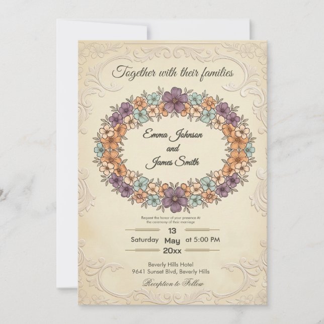 Invitación de boda Corona floral de crema (Anverso)