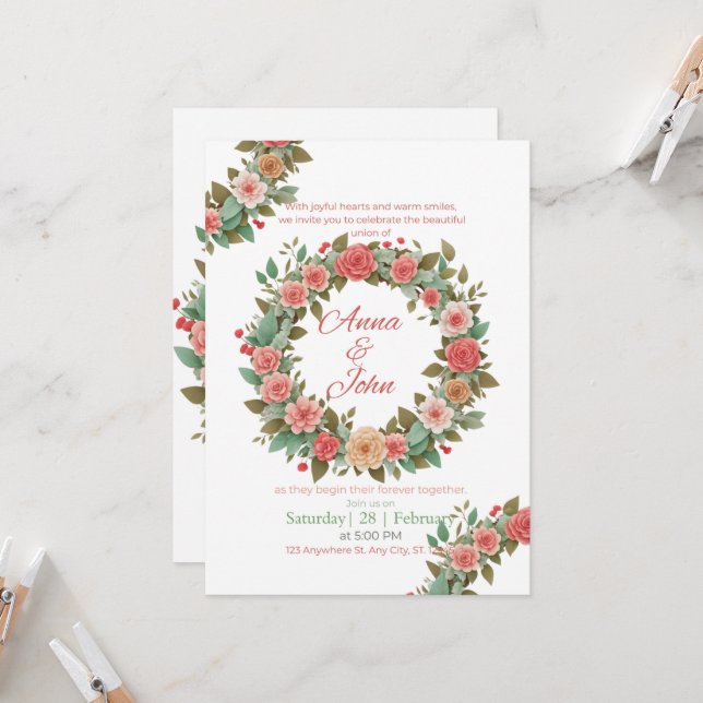 Invitación de Boda Corona Floral Rosa y Melocotón  (Anverso/Reverso In Situ)