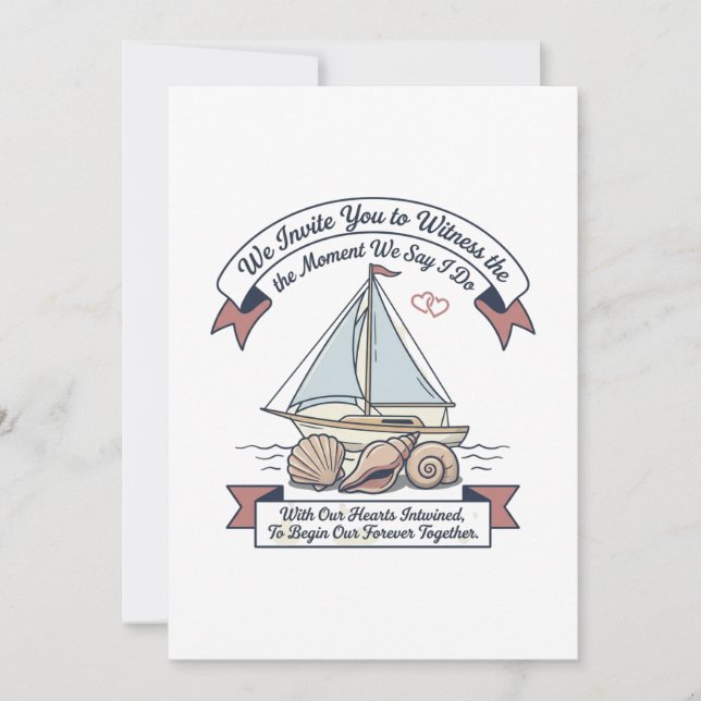 Invitación de boda costera con barco de vela (Anverso)