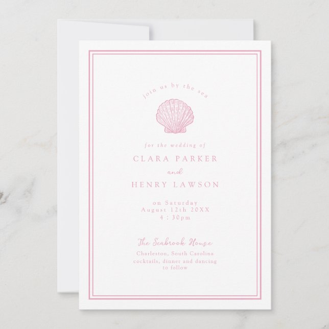 Invitación de boda costera con concha de color ros (Anverso)