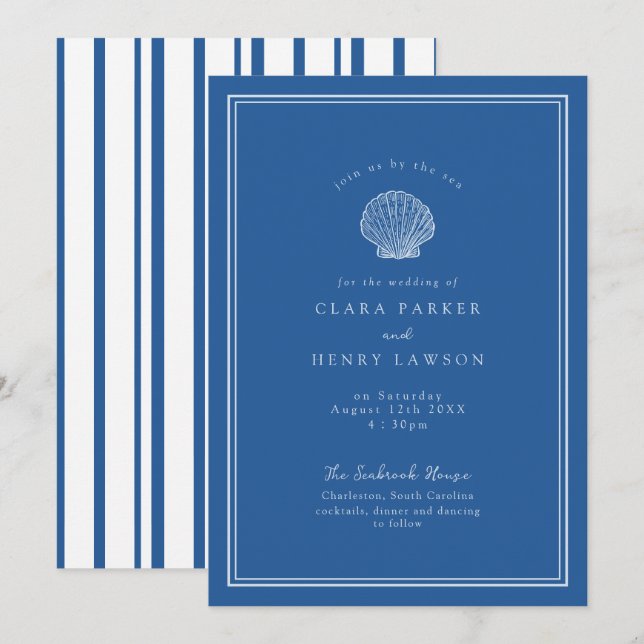 Invitación de boda costera con concha de mar azul  (Anverso / Reverso)