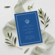 Invitación de boda costera con concha de mar azul 