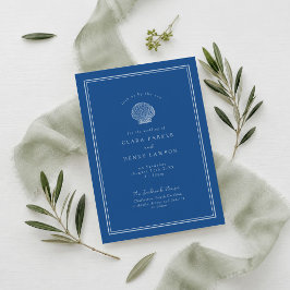 Invitación de boda costera con concha de mar azul