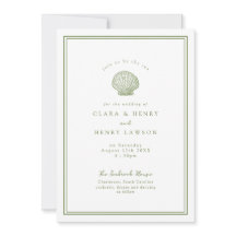 Invitación de boda costera con concha de mar en ve
