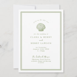 Invitación de boda costera con concha de mar en ve