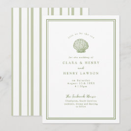 Invitación de boda costera con concha de mar en ve