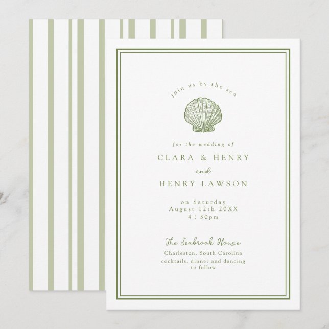 Invitación de boda costera con concha de mar en ve (Anverso / Reverso)