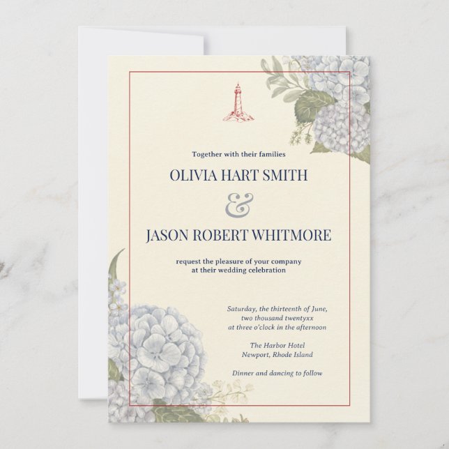 Invitación de boda costera con hortensias (Anverso)
