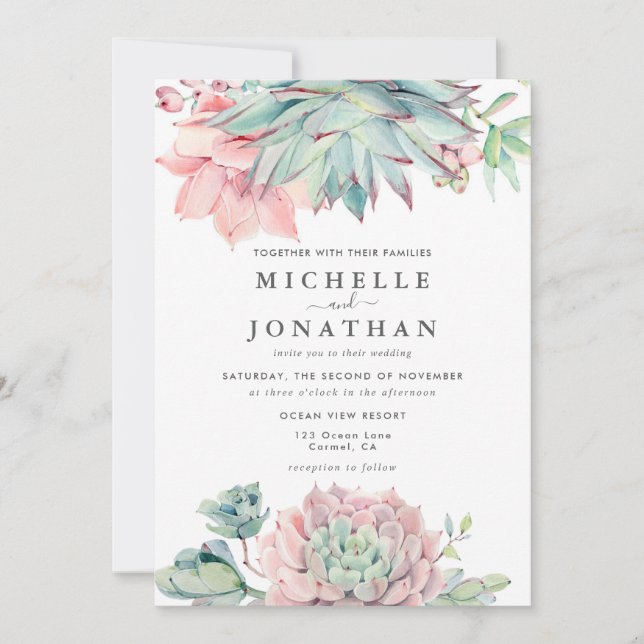 Invitación de boda costera con suculentas en acuar (Anverso)