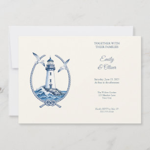 Invitación de boda costera del faro azul