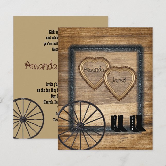Invitación de boda Country Western, rueda de vagón (Anverso / Reverso)