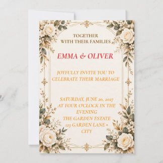 Invitación de boda Cream & Gold Vintage Rose
