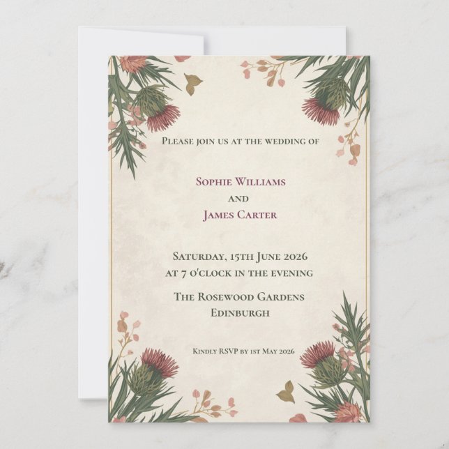 Invitación de boda Crimson Thistle Botanical Corne (Anverso)