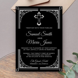 Invitación de boda cristiana con cruz de plata ele