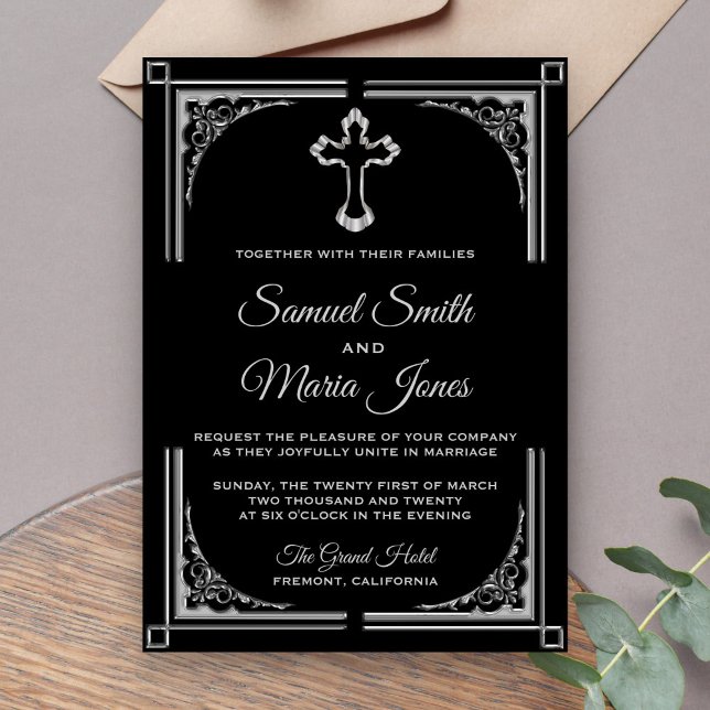 Invitación de boda cristiana con cruz de plata ele (Subido por el creador)