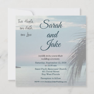 Invitación de boda cristiana con foto tropical
