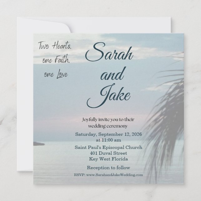 Invitación de boda cristiana con foto tropical (Anverso)