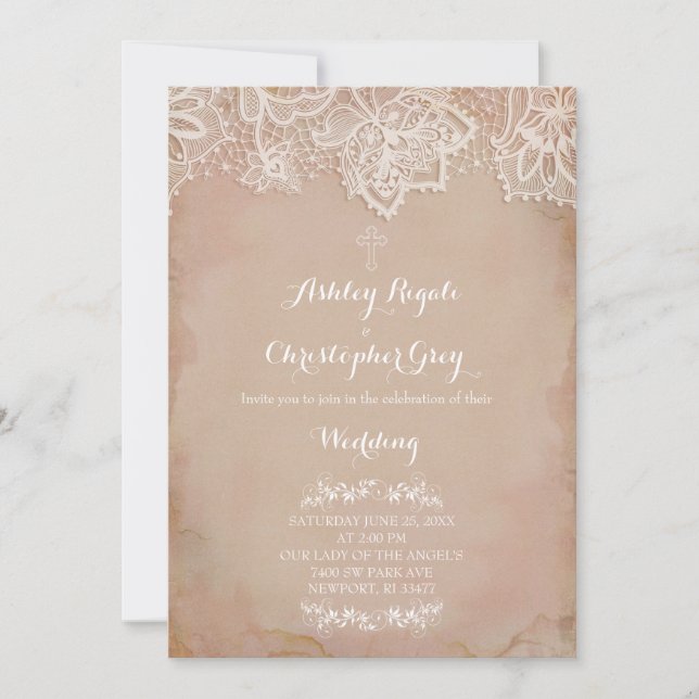 Invitación de boda cristiana rosa vintage (Anverso)