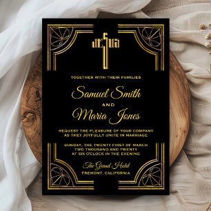 Invitación de boda Cruz de Jesucristo de oro negro